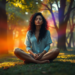 A woman with curly hair sits cross-legged on grass in a serene park, illuminated by warm sunlight.