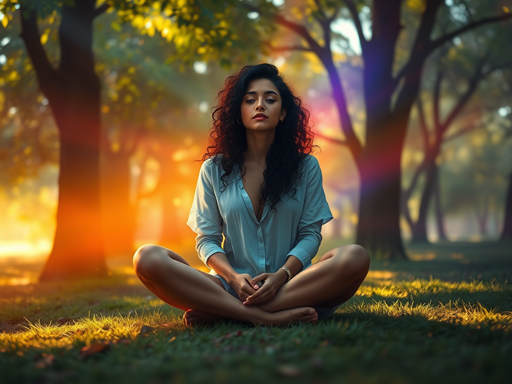 A woman with curly hair sits cross-legged on grass in a serene park, illuminated by warm sunlight.